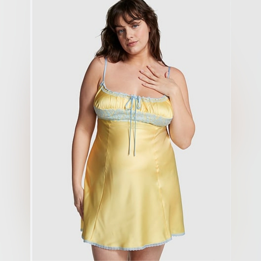 Frankie's Bikinis Yellow Satin Mini Slip Dress with Pale Blue Trim VS - Picture 2 of 8